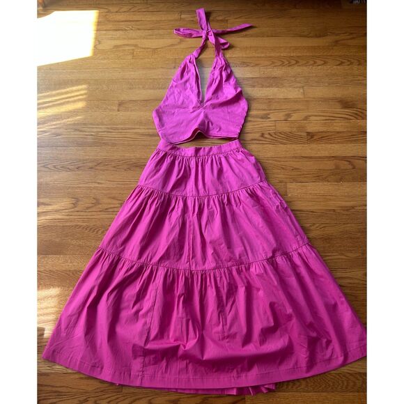 STAUD Women's Sea Skirt Peony Pink Poplin Smocked Kai Top Size 6 - Picture 6 of 7